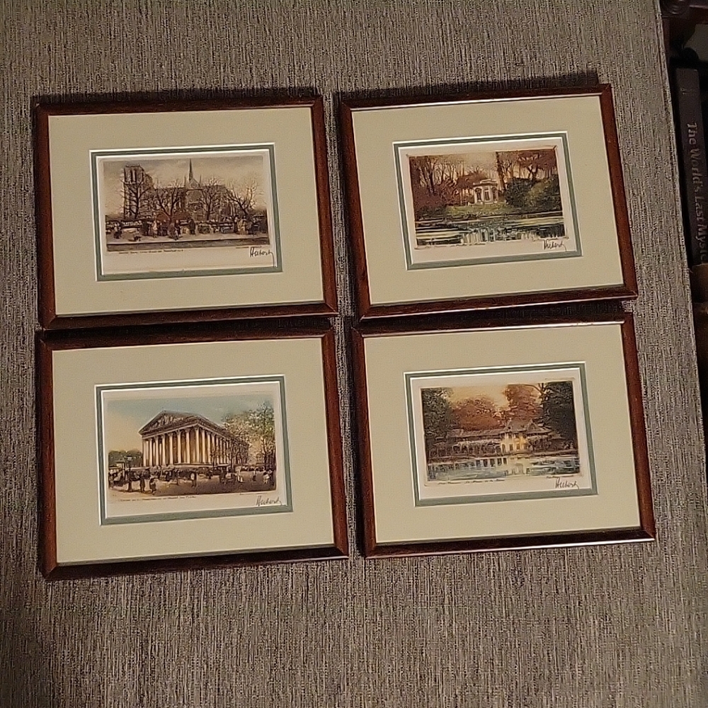 Set Of 4 ANTIQUE SIGNED "HUBERT" HAND COLORED LITHOGRAPH Paris France Framed Art